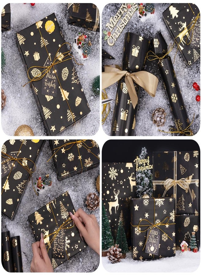 Rancco Christmas Wrapping Paper Rolls-3 Rolls Black and Gold Wrapping Paper, Christmas Tree Snowflake Reindeer Glitter Foil Xmas Wrap Paper for New Year, Party, Birthday, Wedding, Holiday, 17 x 118'' - Image 4